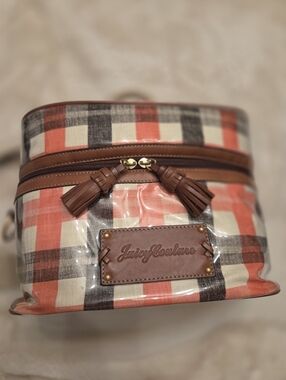 Juicy Couture Coral, Cream & Black Plaid Cosmetic Case with Brown Accents
